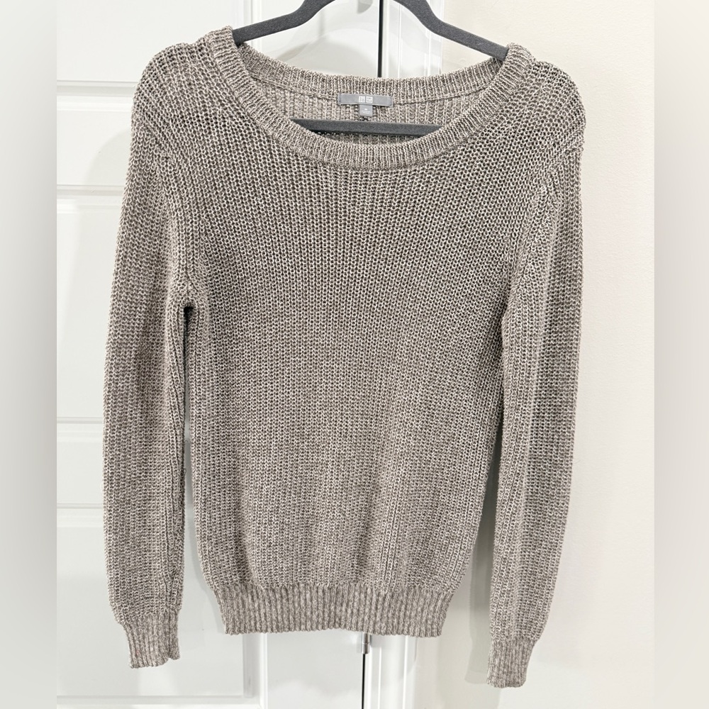 Uniqlo Open Knit Sweater Greige Cotton Blend Crew Pullover Minimalist Layerable - Picture 1 of 5